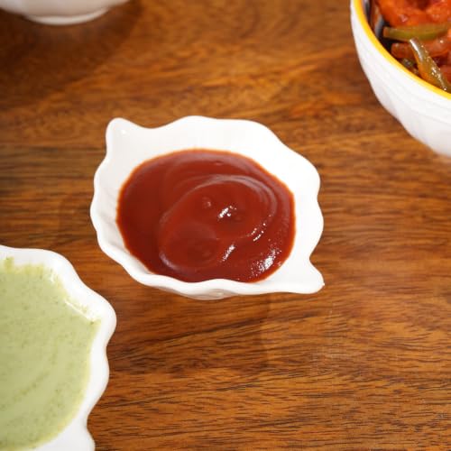 Image of HOME 360 Premium White Ceramic Dip Bowl Set of 3 | Wavy Square Mini Dishes & Condiment Serving Bowls | Elegant Pinch Bowls for Ketchup, Salsa, Chutney & DIps (3, Leaf DIp Bowls)