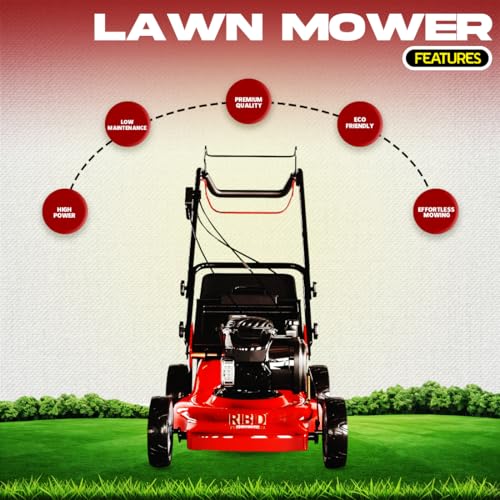 Image of RBD 6HP Petrol Lawn Mower - 18-Inch Cutting Width, 4-Stroke Engine Gas Powered Grass Cutter with Metal Deck & Heat-Treated Alloy Steel Blades - Heavy Duty Push Mower for Landscaping