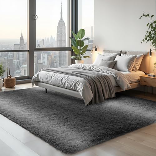 Zentavio Grey White Gradient Area Rugs for Living Room, Rugs for Bedroom 6x9 Fluffy Carpet Soft Shag Aesthetic Plush High Pile Gray Throw Rug for Nursery Kids Room Dorm