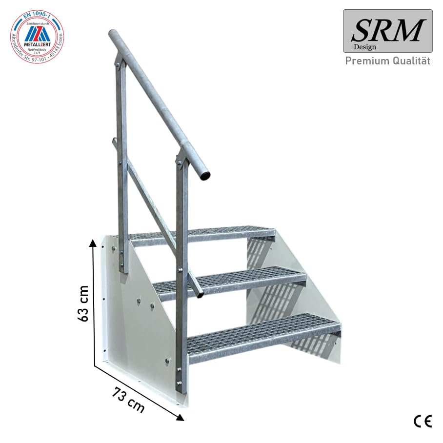 SRM Design 3 Stufen Standtreppe Stahltreppe Wangentreppe Gitterrosttreppe Außentreppe Industrietreppe freistehend Breite 80cm Höhe 63cm weiß 1x Geländer