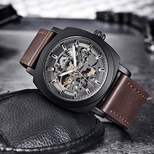 Image of Benyar Automatic Watches for Men | Skeleton Mechanical Leather Strap Mens Watch | 45mm Dial | 30M Waterproof | Men's Stylish Gift