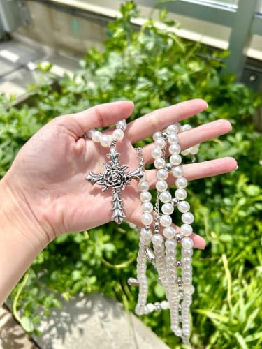 Collier de perles gothique long chapelet et croix strass - 5