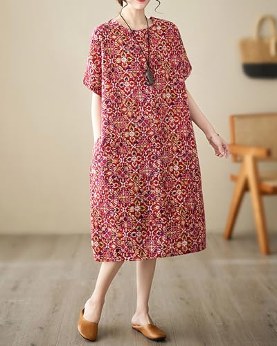 Image of LUZU JUNU Women's Summer Baggy Plus Size Loose Cotton Linen Long Boho Beach Dress with Pockets