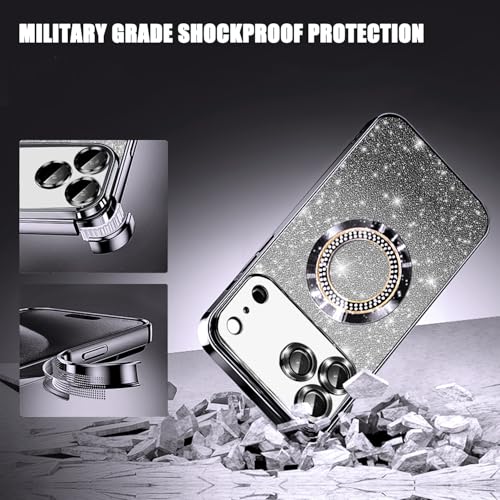 Image of Misscase for iPhone 17 Pro Max Magnetic Glitter Case Compatible with MagSafe,Full Protection Slim Shockproof Anti-Scratch Case with Camera Lens Protector Plating Bling Dust-Proof Net Black