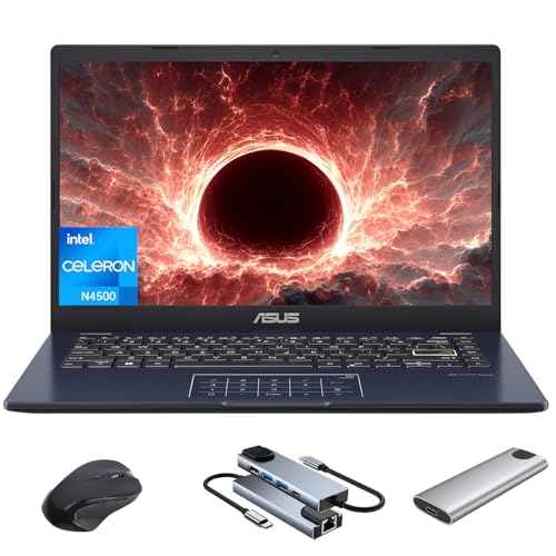 ASUS Vivobook Go 14 Linux Ubuntu Laptop, Intel Celeron N4500 4GB RAM 256GB Storage (128GB eMMc + 128GB External SSD), with Mytrix 6-in-1 Hub, Mouse for Student & Business Notebook, Star Black