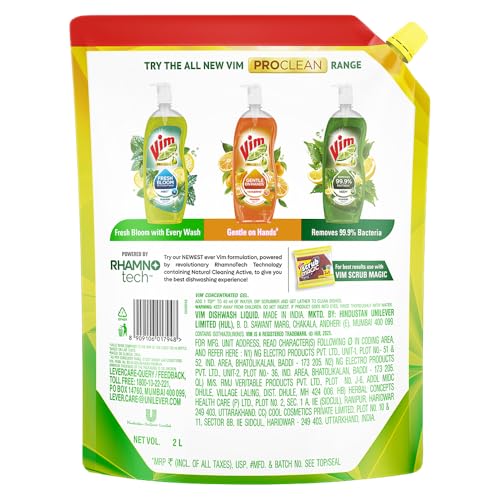 Image of Vim Fresh Lemon Fragrance Dishwash Liquid Gel 2L Refill Pack|| Leaves No Residue|| Grease Cleaner For Utensils - Liquid Kitchen Soap Super Saver Offer