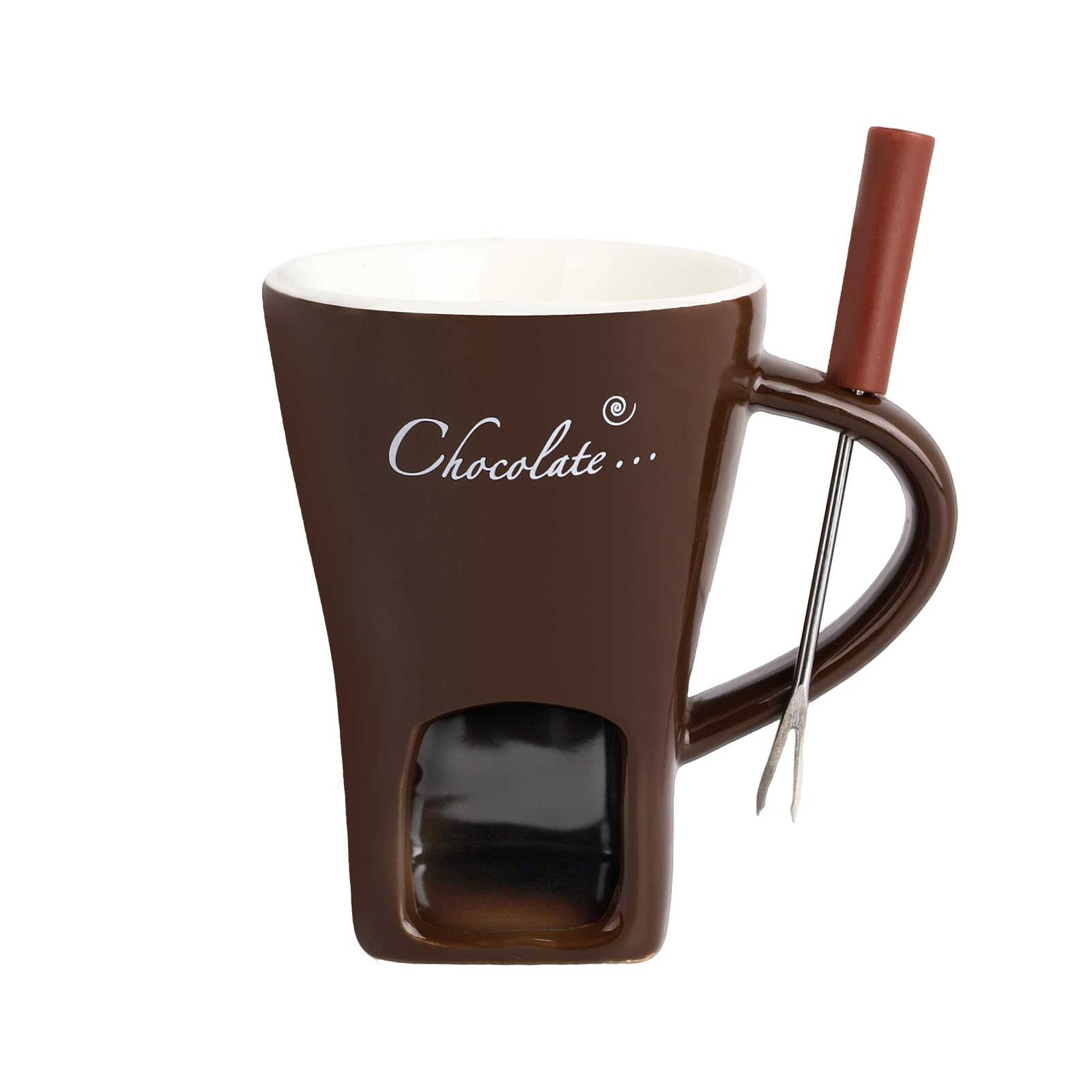 Ceramic Chocolate Fondue Mug - Melting Butter Pot with Fork, Cheese Warmer Cup, Butter Fondue Heated (Brown, NO CANDLE) 0808