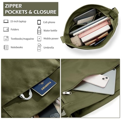 Image of KALIDI Canvas Tote Bag Zipper Large Crossbody Shoulder Bag Messenger Bag | Hobo Purse Cross Body Handbag for Women or Men Casual College Work Travel Daily Commuting Everyday