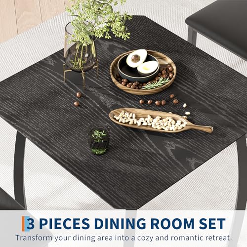 GAOMON Dining Table Set for 2, 3 Piece Small Kitchen Table and 2 Upholstered Chairs with Metal Frame & Wood Grain Tabletop for Small Space, Apartment, Kitchen, Dining Room, Black