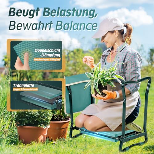 Sekey Panca regolabile in altezza per giardinaggio, portata 160 kg, sgabello da giardino pieghevole con tasche per attrezzi, aiuto per il giardinaggio, 60 x 50 x 28 cm, verde