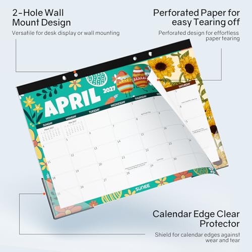 Image of SUNEE Desk Calendar 2027 - 17 inch x 12 inch Desk Pad Calendar, 18-Month Monthly Planner Oct. 2026 - Mar. 2028, Desktop Calendar with 308 Planner Stickers, Plastic Protective Corners for Office, School and Home, Seasons Color