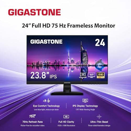Image of Gigastone 24 inch IPS LED Back Light Monitor 75Hz FHD 1920 x 1080, 1080P 178 Wide View Frameless Computer Monitor 5ms, Built-in Speakers, Eye Care Technology, Ergonomic Tilt VESA Mount, HDMI VGA