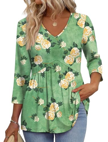 Image of OFEEFAN 3 /4 Length Sleeve Womens Tops 2026 Blouses for Women Dressy Casual Fashion Clothing V Neck Babydoll Tops Fall Outfits