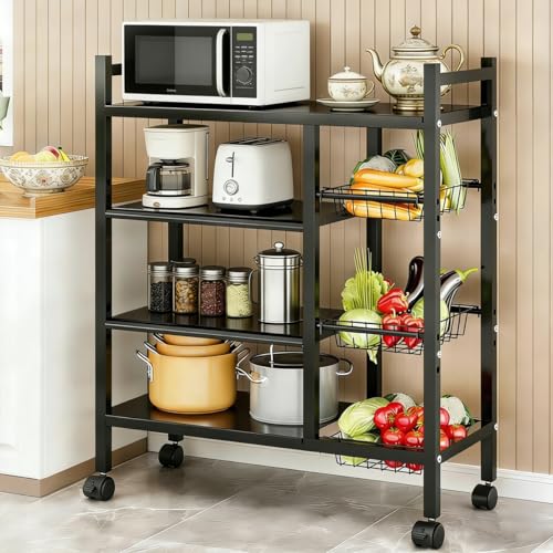 Image of COMFYHOME Kitchen Organizer Rack Shelf with Wheels - Adjustable 4-Tier Microwave Stand with Storage Shelves, Storage Rack with 3 Wire Baskets, Microwave Stand, Metal Kitchen Cart for Pantry