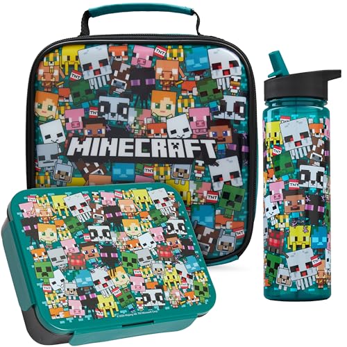 Get Trend Minecraft Kids Insulated Lunch Bag Set 3 Pcs Lightweight Bento Lunch Box 600ml BPA-Free Water Bottle with Straw & Cooler Bag School Supplies Boys Gamer Gifts (Multi Minecraft)