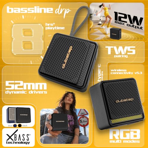 Image of Dubstep Bassline DRP 12W Portable Bluetooth Speaker, Powerful Stereo Sound, RGB Party Lights, TWS Pairing, Up to 8 Hours Playtime, Type-C Charging, Compact Speaker with Lanyard - Black