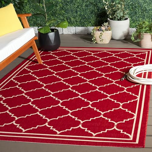 SAFAVIEH Geometrisch Teppich für Wohnzimmer, Esszimmer, Schlafzimmer - Courtyard Collection, Kurzer Flor, Rot und Beige, 160 X 231 cm