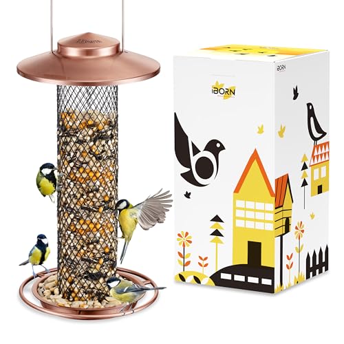 iBorn Peanut Bird Feeder,Sunflower Seed Feeder,13.5 Inch Metal Mesh Tube Bird Feeders for Outdoors Hanging,Squirrel-Proof Birdfeeders for Peanut with 17cm Weatherproof Roof & Tray,2 LB Capacity,Copper