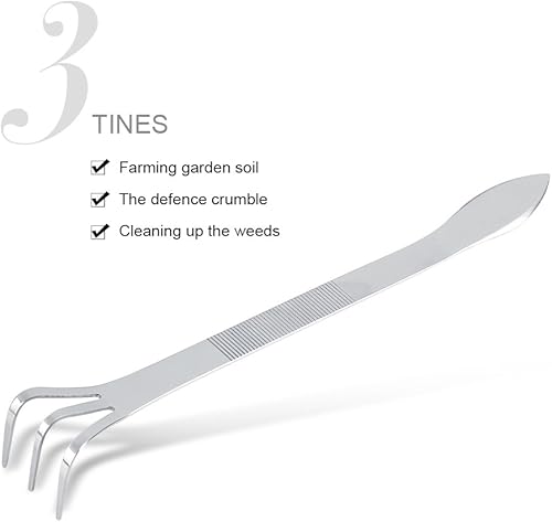 Miniatura 6 de Yosoo Rastrillo de jardinería de 8.3 pulgadas de acero inoxidable con 3 dientes para plantas, rastrillo para jardinería, cultivador de suelo,