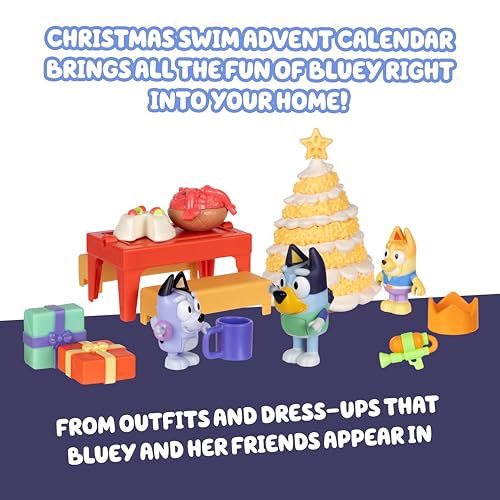 Image of Bluey Mini Figures Christmas Swim Advent Calendar, 24-Day Christmas Calendar Countdown with 3 Festive Stickers, Advent Calendars for Ages 3+