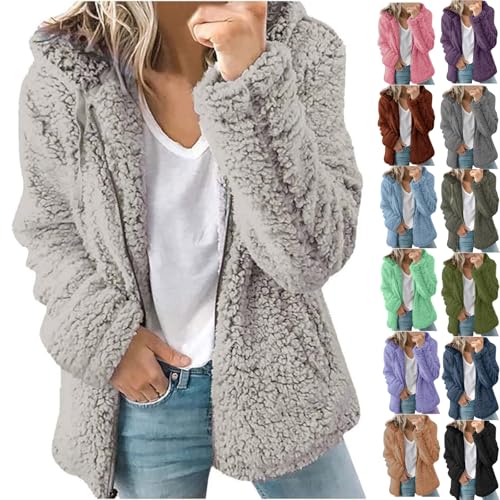 sherpa lined sweatshirts Sherpa Fleece Jackets for Women Casual Solid Long Sleeve Zipper Hooded Plush Coat Winter Warm Sweater Tops Gray 4X