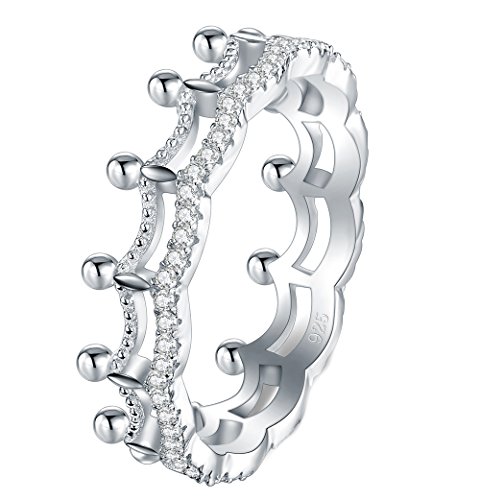 BORUO 925 Sterling Silver Ring, Cubic Zirconia Princess Crown Tiara Wedding Cz Band Eternity Ring Size 4-122