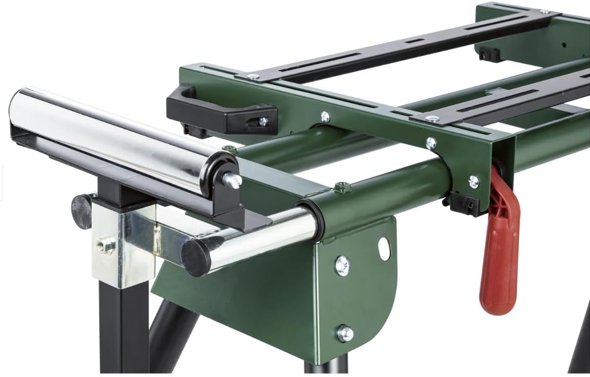 Close-up of an adjustable support roller with a red locking knob.