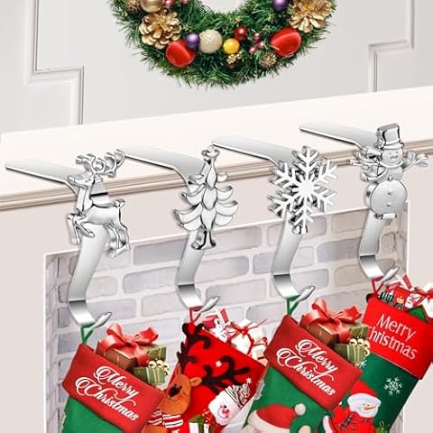 Homgaty Christmas Stocking Holders for Mantle, 4 Pack Christmas Stockings Hooks with Adhesive, Mantle Fireplace Topper Holder Hooks Xmas Stocking Clips Christmas Decorations Cover