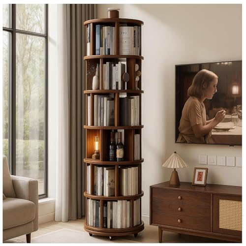 SALUISH Solid Wood Rotating Round Bookshelf Towers with Wheels Revolving Bookcase 6 Tier 360 Wooden Rotating Book Tower Narrow Rolling Vertical Display Storage Rack (Walnut 6 Tier 78.1 H)
