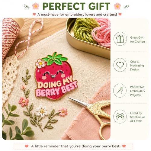 Image of Funny Strawberry Needle Minder Magnet, Cute Magnetic Sewing Accessory with inchDoing My Berry Best inch Design for Embroidery, Needlepoint & Cross Stitch Projects