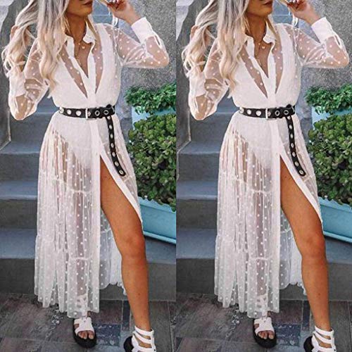 Womens Summer Polka Dot Transparent Sheer Mesh Maxi Long Dress Lapel Collar Button Down Flared Casual Lace Beach Cover Ups-Black2