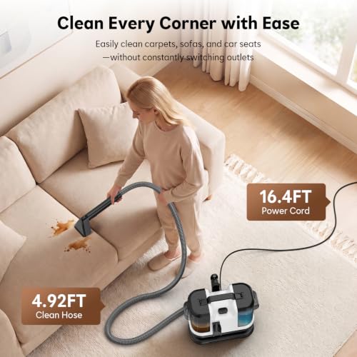 Image of Portable Carpet & Upholstery Cleaner Machine, 19Kpa Spot Cleaner Machine | Handheld Furniture Shampooer Deep Cleaning for Couch, Car, Pet Stains, Rug with Large Tank and Self-Cleaning, White
