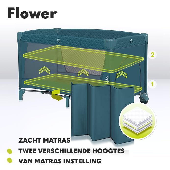 LIONELO Flower Campingbedje 2-in-1: Opvouwbaar Reisbedje & Ledikant met Matras, 2 Verstelbare Hoogtes, Verschoontafel met Organizer, Speelboog, Zij-ingang, Wielen, Draagtas Bamboe Swaddle, Grijs