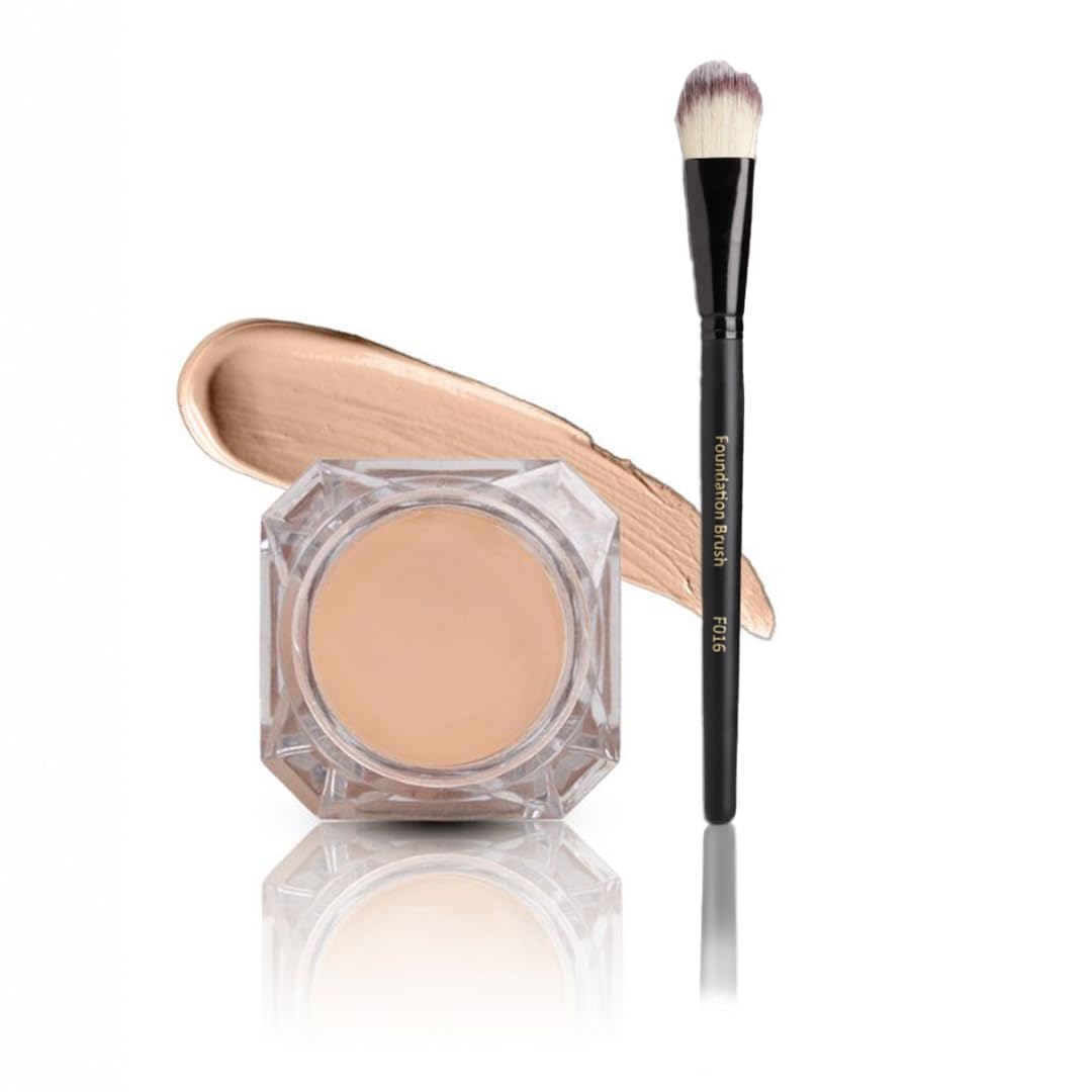 CUFFS N LASHES Cover Pot FULL COVERAGE Makeup Base & Concealer + F016 Flawless Base Brush Duo | Cream Concealer for Dark Circles, Acne Scars, Hyperpigmentation, Redness & Tattoo Coverage | Long Wear upto 12 hrs (CREAMY BEIGE-02)-image-6