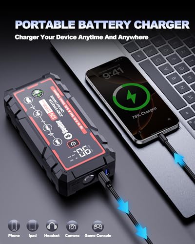 Image of 9 in 1 Jump Starter, 12V Jump Box Car Battery Jumper Starter Portable with 14 in 1 Protection Jumper Cables, LED Lights, LCD Display, Insulated Gloves