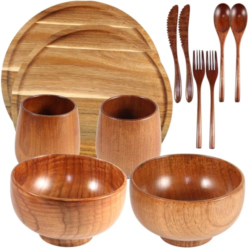 snaxuda 12 Pcs Acacia Wood Dinnerware Set 10 Inch Round Wooden Plates Bowls Tea Cups Fork Spoons Cutlery Knife Acacia Wood Tableware Supplies Easy Cleaning for Dishes Snack Dessert 2 Set
