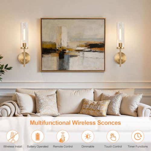 Image of Battery Operated Wall Sconce Set of 2,Brushed Gold Wireless Rechargeable Wall Lighting Fixtures with Remote Control,Dimmable Wall Light for Bathroom ,Vanity, Living Room, Bedroom, Hallway, Stairway