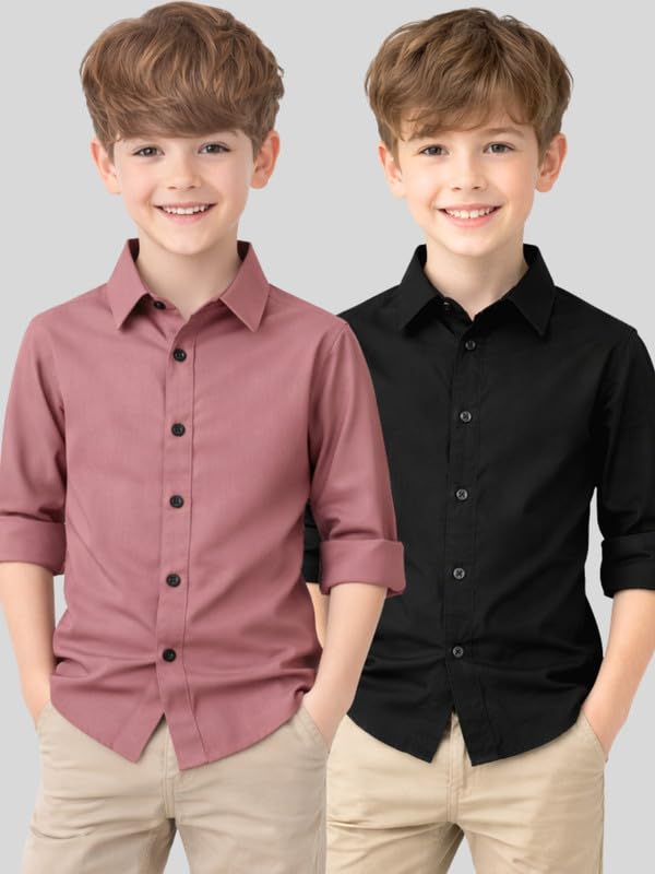 Image of YYQ Pack of 2 Boys Solid Cotton Blend Shirts - Full Sleeve Casual, Soft & Comfortable Spread Collar Shirts for Boys