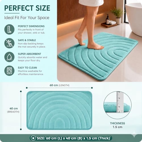 Image of Premium Memory Foam Bath Mat | 40x60cm Super Absorbent Velvet Bathroom Rug | Non-Slip Machine Washable Floor Mat (Aqua Mist)