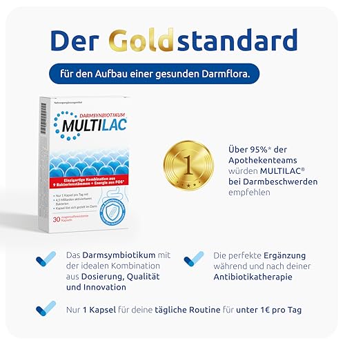 MULTILAC Darmsynbiotikum – 9 Bakterienstämme mit FOS für die Darmflora mit 4,5 Mrd. KBE pro Kapsel, magensaftresistente Kapseln, vegan, gluten- & laktosefrei, ohne Titandioxid, 30 Kapseln