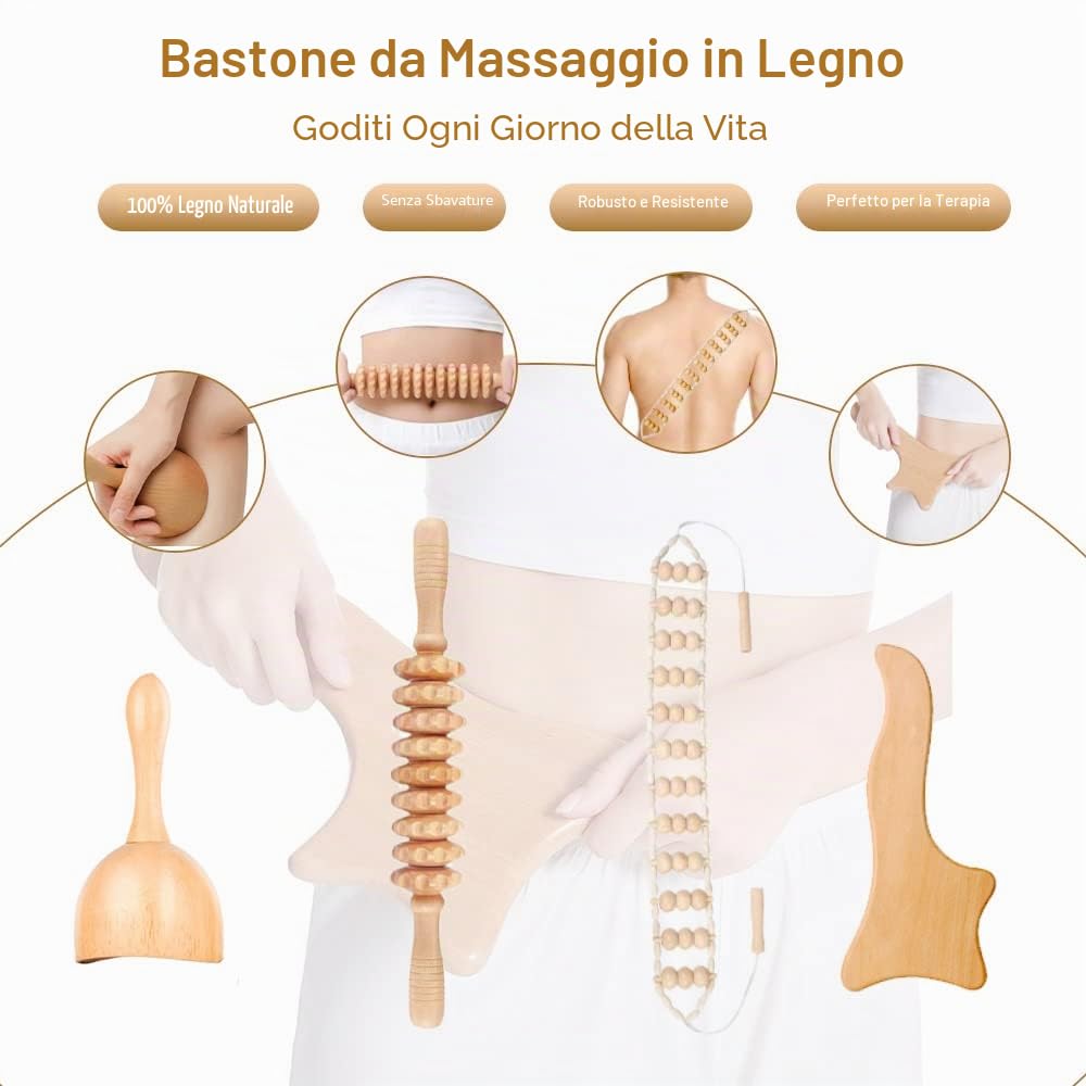 8 strumenti per massaggi in legno, rullo in legno per alleviare il dolore muscolare anticellulite e tutto il corpo, rullo Gua Sha