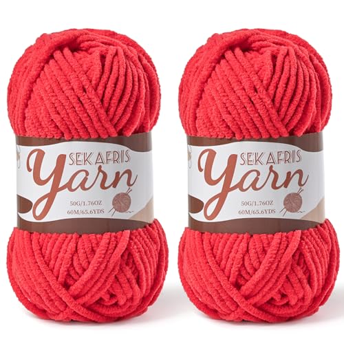 Image of 2 Pack Fluffy Velvet Yarn for Crocheting，Baby Blanket Yarn for Crocheting Soft，100g(131yds) Amigurumi Yarns，Plush Chenille Crochet Yarns，Puzzle Yarn for Crochet Weaving Craft(2 Red)