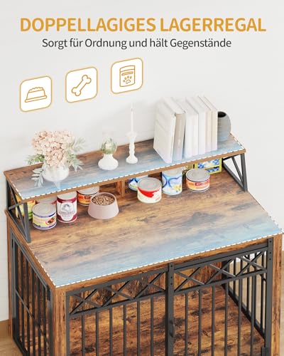 Hzuaneri Hundekäfig Möbel mit Lagerregal, Dreitürige Hundebox für Zuhause, Indoor Kennel mit Scheunentür, Beistelltisch, Geeignet für Mittlere/Große Hunde, 100 x 60 x 86 cm, Vintage Braun DFC87401B