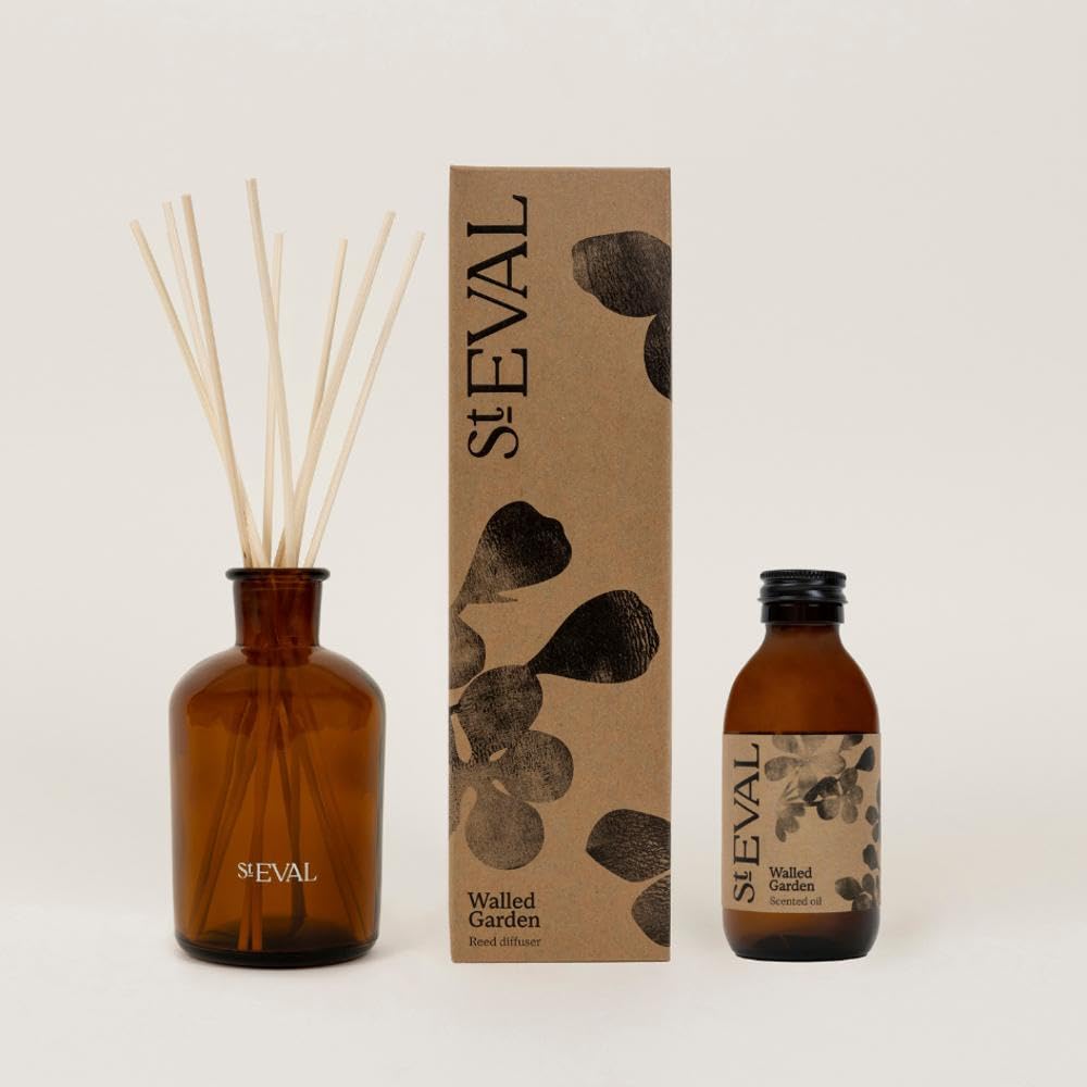 St Eval Brown Reed Diffuser Gift Set | Walled Garden Scent |Refreshing Aromatic Room Scent | Made In Cornwall | Scented Oil Reed Diffuser Refill | Ideal For Home And Office