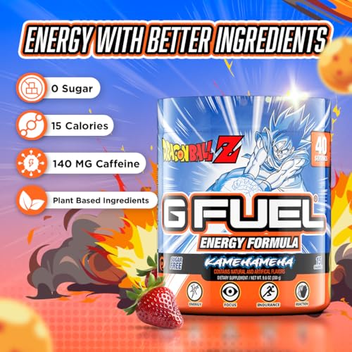 Image of G Fuel Dragon Ball Z Energy Drink Powder, Pre Workout Caffeine Mix for Gaming, Sugar Free Focus Amino, Vitamin + Antioxidants, 9.8oz (Strawberry Lychee, 40 Servings)
