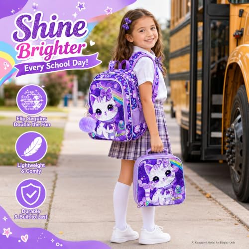 Image of CCJPX 16 inch Cat Backpack for Girls, 3Pcs Kids Preschool Bookbag, Cute Water Sequin Resistant School Bag for Teen Kindergarten Toddler (Purple)
