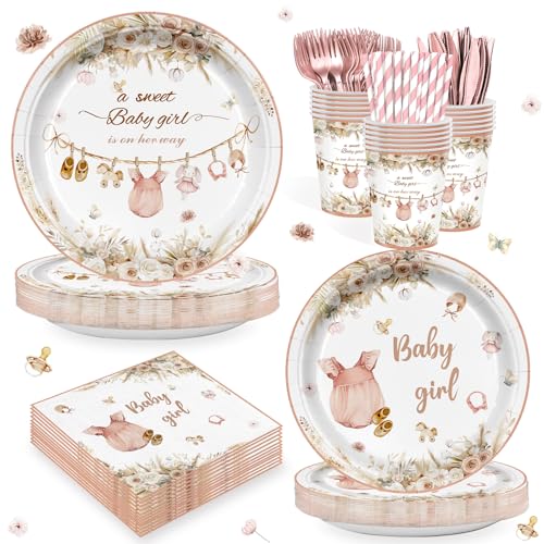 168Pcs Pink Baby Girl Shower Party Supplies Serves 24 Guests Boho Floral Baby Shower Tableware Set A Sweet Girl is on Her Way Gender Reveal Decorations Paper Plates Napkins Cups Cutlery