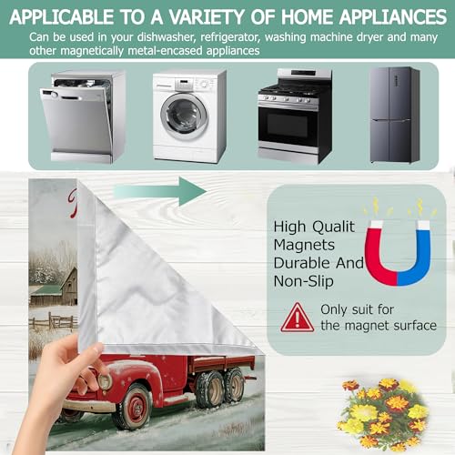 Image of Christmas Red Truck Dishwasher Magnets Decorative Cover,Winter Xmas Tree Waterproof Magnetic Dishwasher Cover Panel,Refrigerator Magnet Cover for Kitchen Home Decor 23x26 Inch