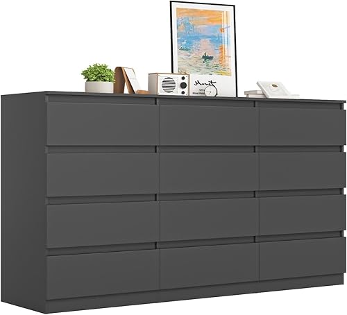 Miniatura 18 de VERYKE Cómoda negra de 8 cajones para dormitorio, cómoda con diseño sin asas para armario, cómoda de madera moderna para dormitorio