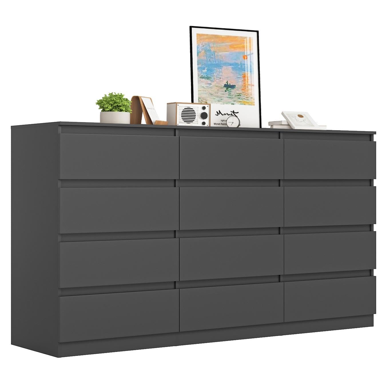 VERYKE Black 12 Drawer Dresser for Bedroom,Chest of Drawers with No-Handle Design for Closet,Modern Wood Dresser Bedroom Storage Furniture